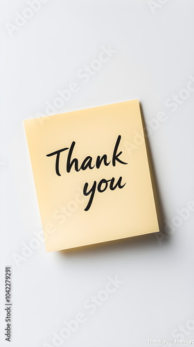 A yellow sticky note with the words "Thank You" written on it in black marker, isolated on a white background. Good for saying thanks and goodbye.