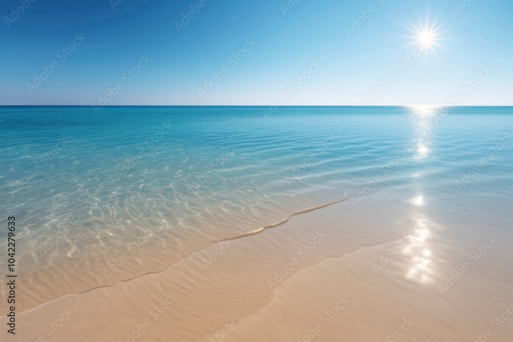 Obraz premium Serene landscape of light sea sand and crystal-clear blue water reflecting warm sunshine. Calm scene of harmony, relaxation and escape. For beach-themed design, travel project, wellness-related visual