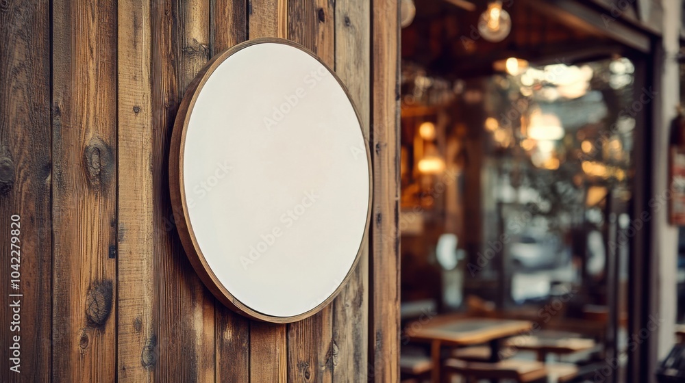 Circular signboard template mounted on wooden wall in street scene for branding Circular signboard template mounted on wooden wall in street scene for branding