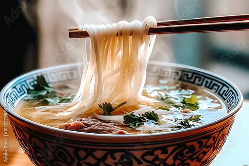 Baguettes saisissant des nouilles dans un bol de nouilles chinoises photo