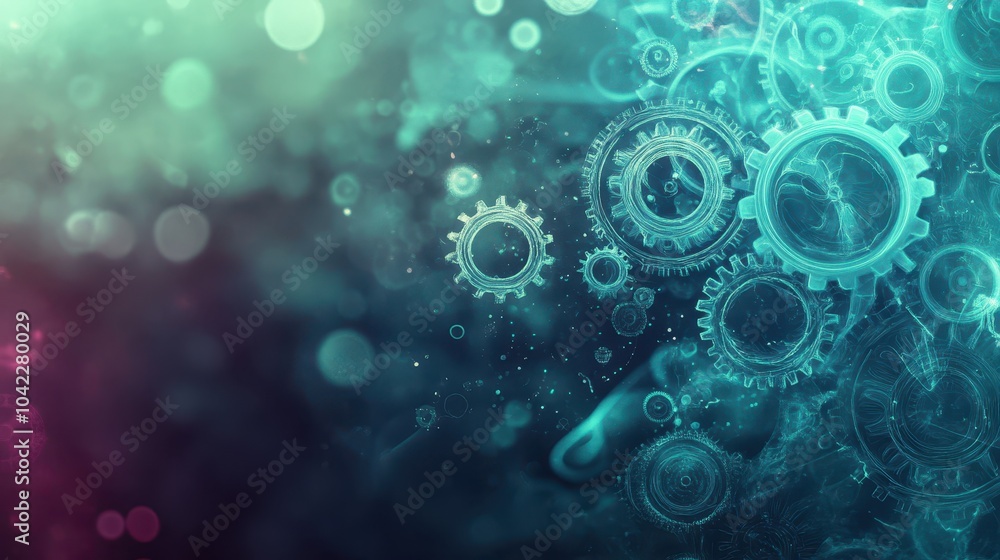 Radiant tech background with transparent gears in a dark liquid-like fluid backdrop Radiant tech background with transparent gears in a dark liquid-like fluid backdrop
