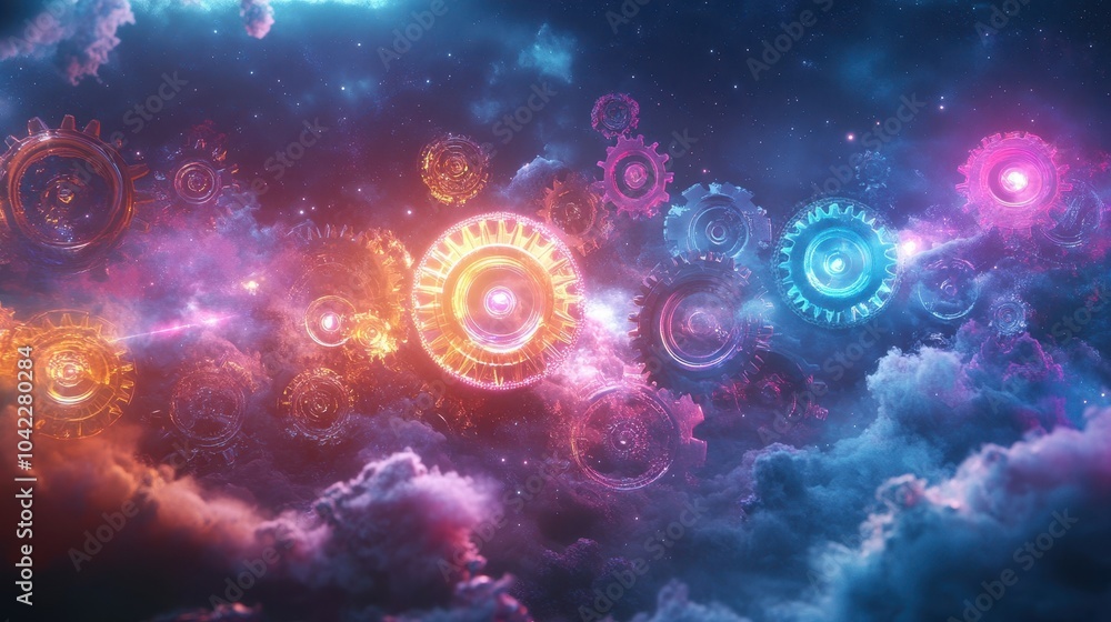 Glowing gears in pastel colors float in a neon-lit misty background with blurred stars Glowing gears in pastel colors float in a neon-lit misty background with blurred stars