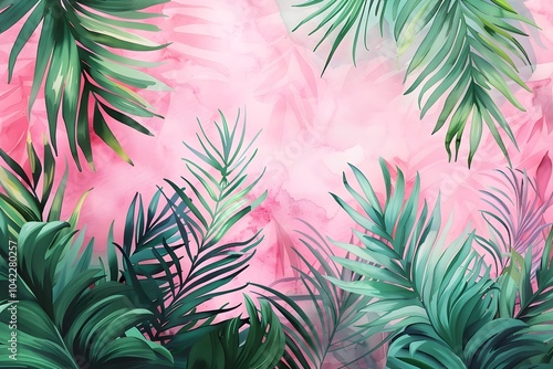 A painting of palm leaves against a pink background