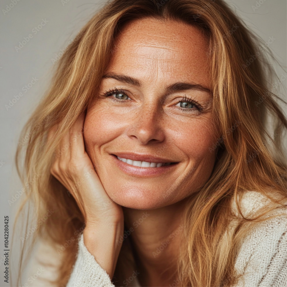 casual skincare model age 45 the french secret to glowing skin, smiling happily casual skincare model age 45 the french secret to glowing skin, smiling happily