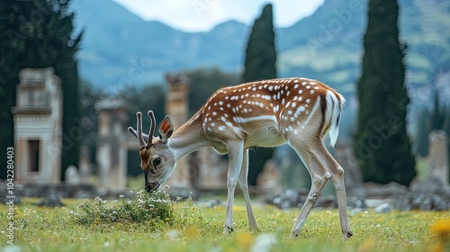 deer munching on grass as the backdrop consists of the remains of old structures.