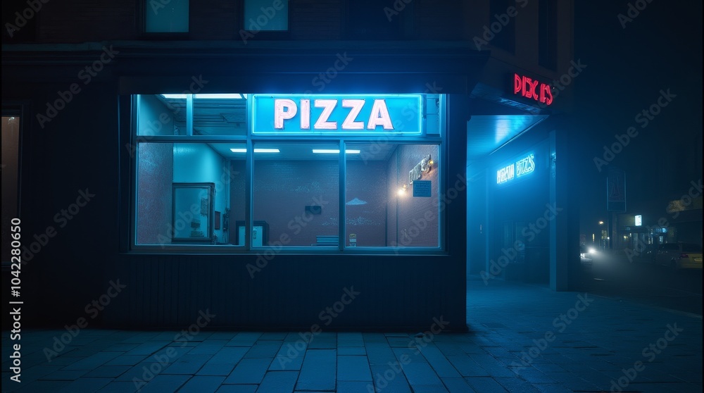 A foggy night at an empty pizza restaurant with neon signs glowing beneath dim lighting A foggy night at an empty pizza restaurant with neon signs glowing beneath dim lighting