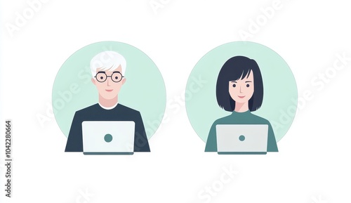 Set of simple, minimalistic icons for office workers People in a circular frame on a white background, with a pastel color palette of light green and blue Generative AI