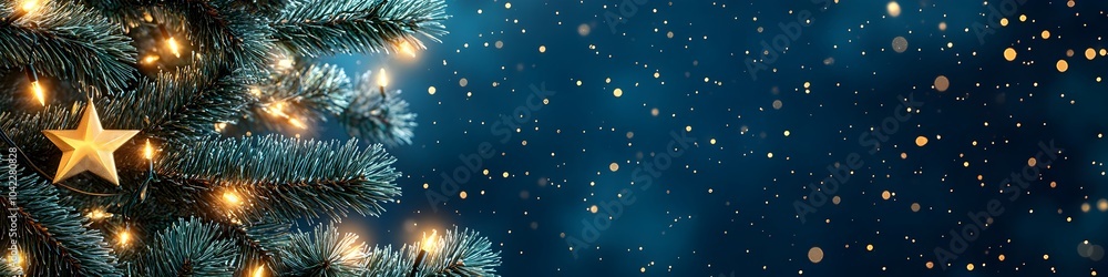 Fototapeta premium Close-up Christmas tree on dark blue background with falling snow. Christmas and New Year celebration. Winter holiday decoration. Banner, greeting card with copy space