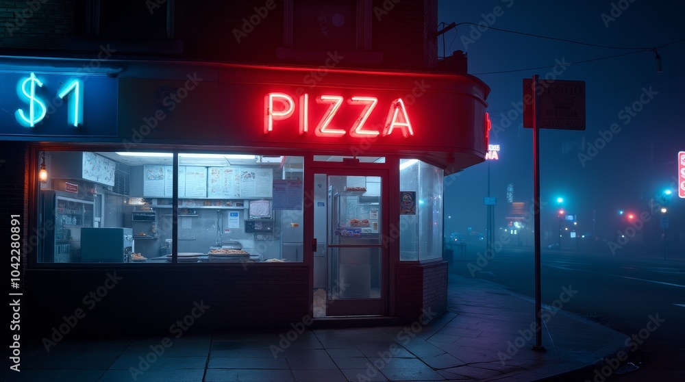 A foggy night at an empty pizza restaurant with neon signs glowing beneath dim lighting