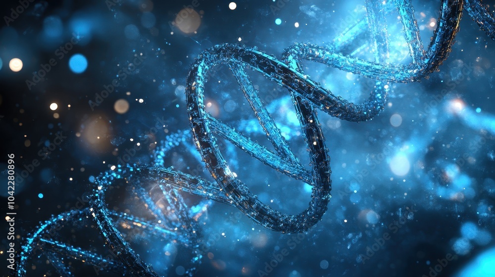 Detailed DNA strands glow in a misty fluid-like environment with soft blue light and swirling particles Detailed DNA strands glow in a misty fluid-like environment with soft blue light and swirling particles
