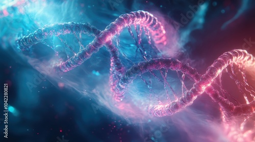 DNA helix structures glow softly in a fluid-like backdrop with neon lights and gradients of blue and pink