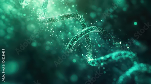 DNA strands glow softly in a liquid-like backdrop of green and teal gradients with floating particles