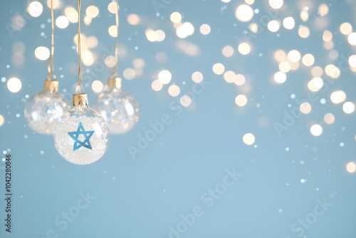 Glass ball Christmas ornaments hanging against blurred light blue background. Christmas and New Year celebration. Winter holiday decoration. Banner, greeting card with copy space