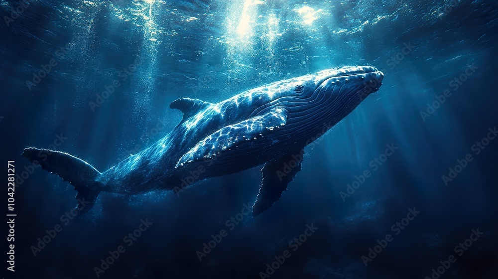 Fototapeta premium Humpback Whale Swimming in the Deep Blue Ocean