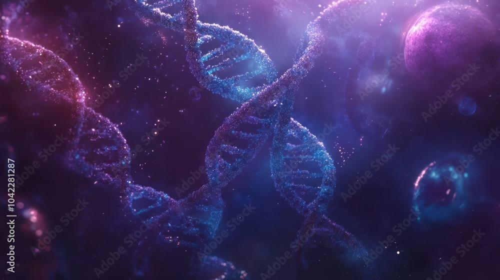 Misty DNA helix glowing softly in fluid textures with deep blue gradients in the background Misty DNA helix glowing softly in fluid textures with deep blue gradients in the background
