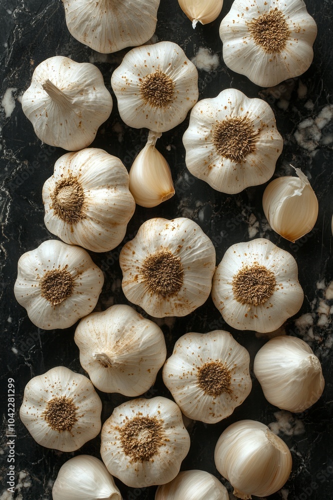 top view of scattered garlic bulbs and cloves on marbled dark background – suitable for culinary blogs, recipe visuals, or health-focused content top view of scattered garlic bulbs and cloves on marbled dark background – suitable for culinary blogs, recipe visuals, or health-focused content