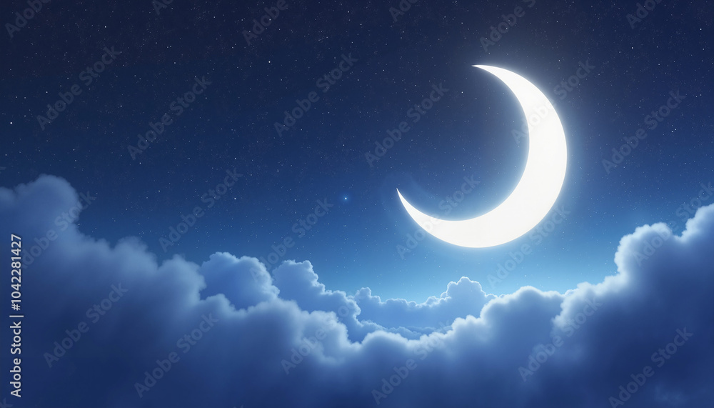 Crescent moon shining in starry night sky above fluffy clouds Crescent moon shining in starry night sky above fluffy clouds
