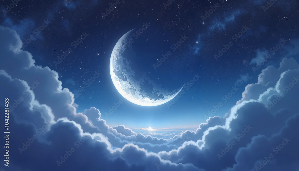 Fototapeta premium Majestic crescent moon over soft clouds in starry night sky