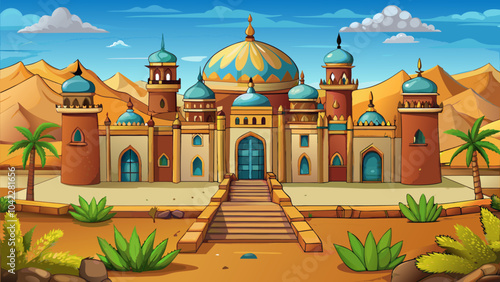 A vibrant palace surrounded by desert mountains and palms under a bright blue sky in an animated landscape view