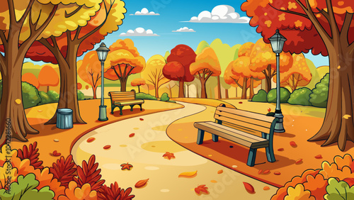 A tranquil autumn park path lined with colorful trees and benches inviting visitors for a serene stroll on a bright day