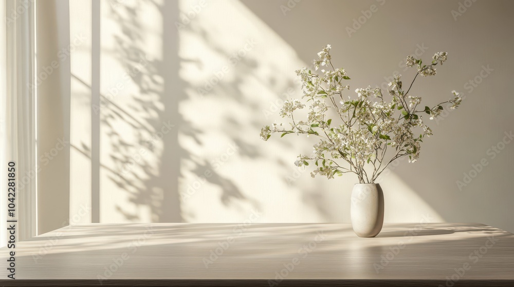Obraz premium Neat dining table with sunlight casting shadows ample space for text on the wall