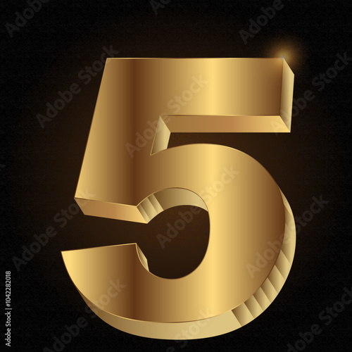 Vector 3D Número 5 en Dorado con Fondo Negro y Tono Naranja