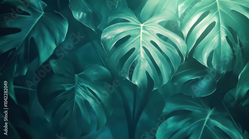 Soft monstera leaves with glowing light and a smooth gradient from forest green to turquoise