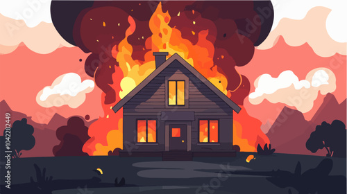 Illustration of a burning house. Fire.