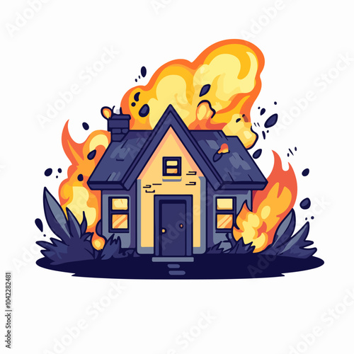 Illustration of a burning house. Fire.