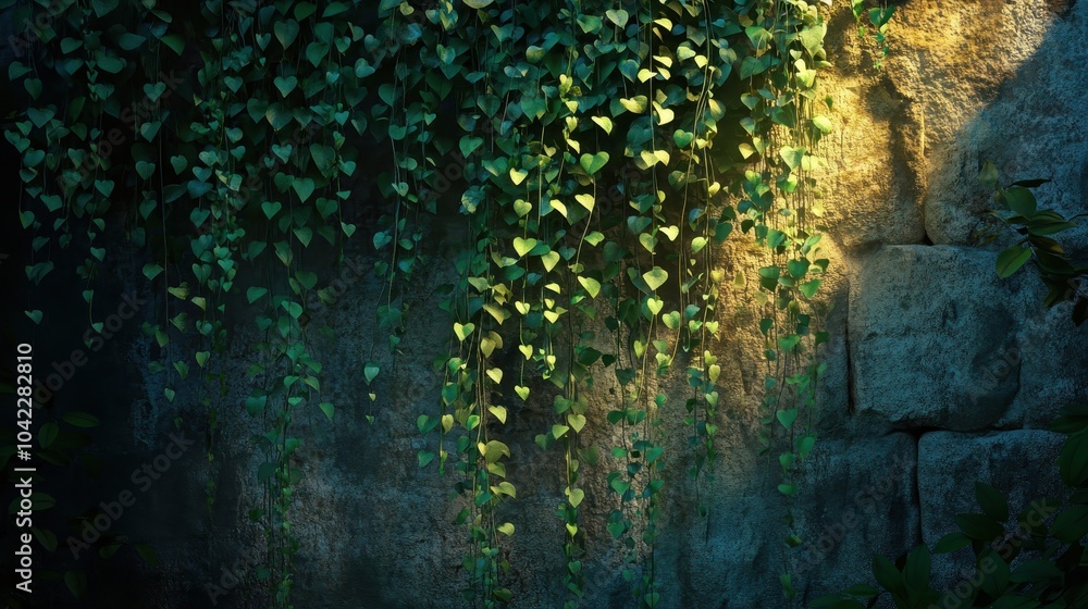 Wallpaper of hanging ivy with detailed leaf veins and blurred stone wall background for contrast Wallpaper of hanging ivy with detailed leaf veins and blurred stone wall background for contrast