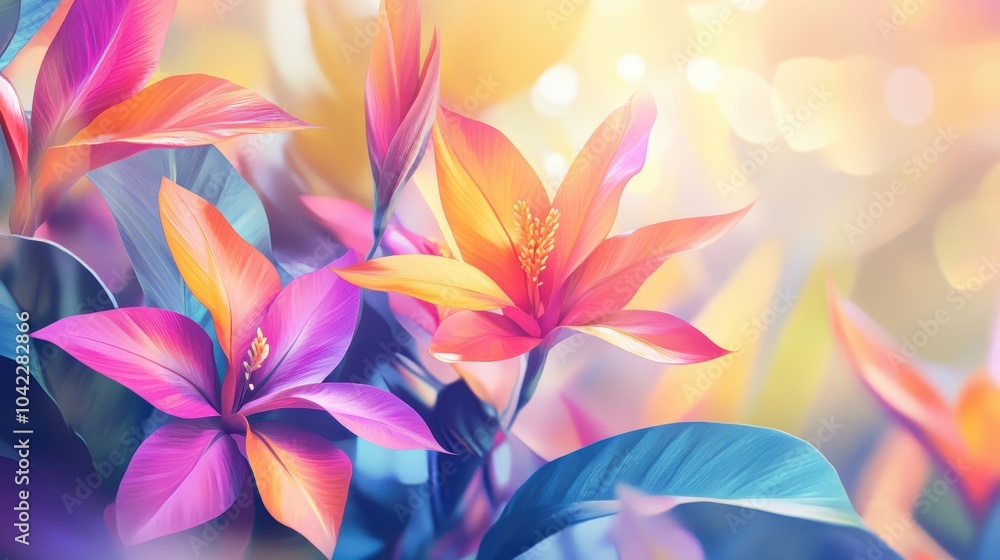 Wallpaper of tropical flowers with vibrant colors and soft sunlight blurred pastel background Wallpaper of tropical flowers with vibrant colors and soft sunlight blurred pastel background