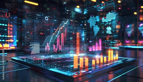 A virtual reality scene featuring hovering holographic charts and graphs, highlighting cutting-edge data visualization in a modern, futuristic digital environment.