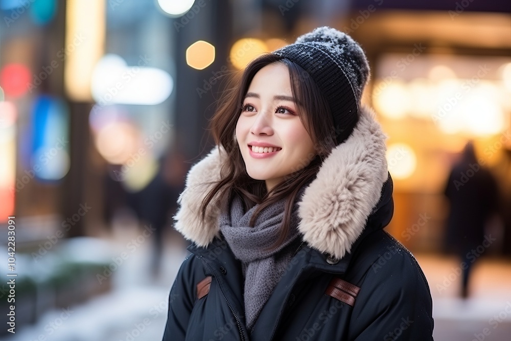 Beautiful asian woman walking in the city at night (shallow DOF) Beautiful asian woman walking in the city at night (shallow DOF)