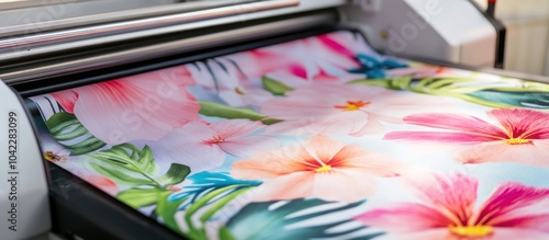 Large format printer printing a roll of fabric with a tropical floral design.