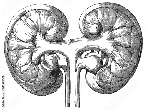Kidneys Vintage Medical Engraving Illustration On White Background Retro Anatomy Art Antique Graphic Detailed Classic Medical Drawing Black And White Scientific Illustration