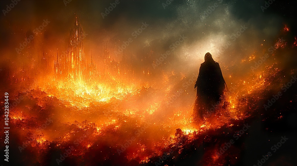 Fototapeta premium A City in Flames: A Surreal Vision of Destruction
