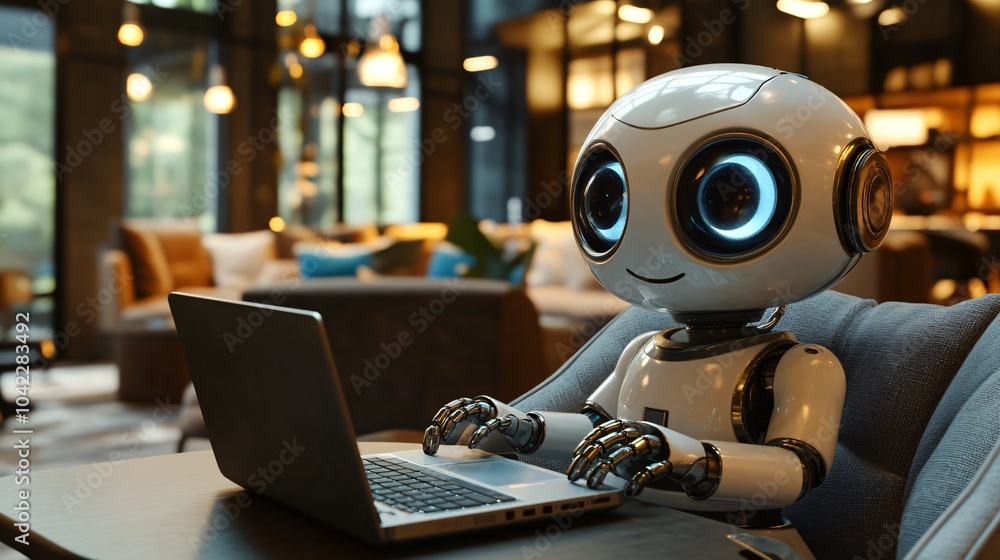 Fototapeta premium cute AI assistant with laptop