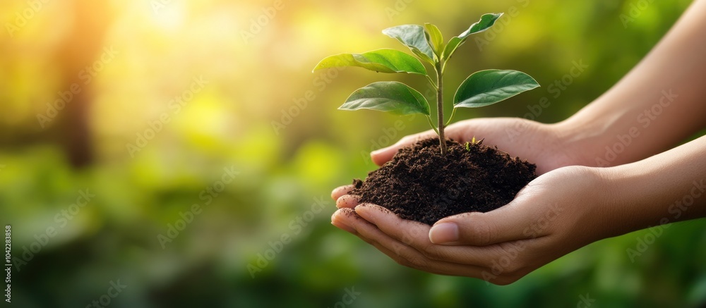 Close-up of hands holding a small sapling with soil, against a blurred green background. Close-up of hands holding a small sapling with soil, against a blurred green background.