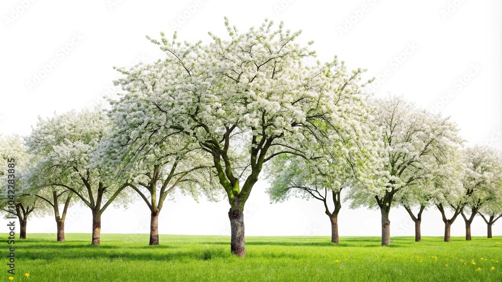Fototapeta premium Reflection of spring apple trees in various sizes on white background