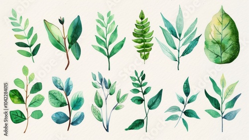 Watercolor botany picture of natural leaf and flora arranged as set. Group of vividness flower and herbal or tree leaves express beautiful element of nature perfect for study biology knowledge. AIG53.