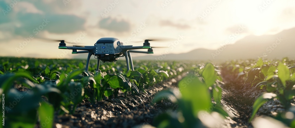 Drone flying over a field of crops at sunset. Drone flying over a field of crops at sunset.