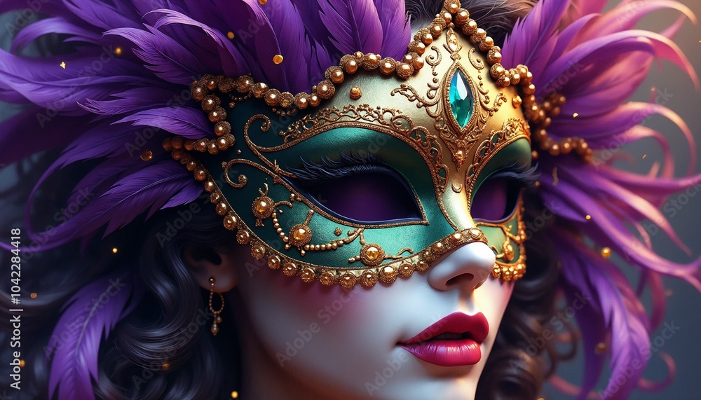 Elegant woman in a colorful masquerade mask with feathers and jewels for carnival celebration Elegant woman in a colorful masquerade mask with feathers and jewels for carnival celebration