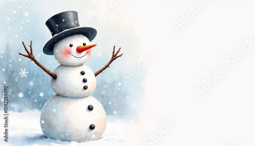 Cheerful snowman wearing a top hat and scarf in a winter landscape for festive holiday spirit 