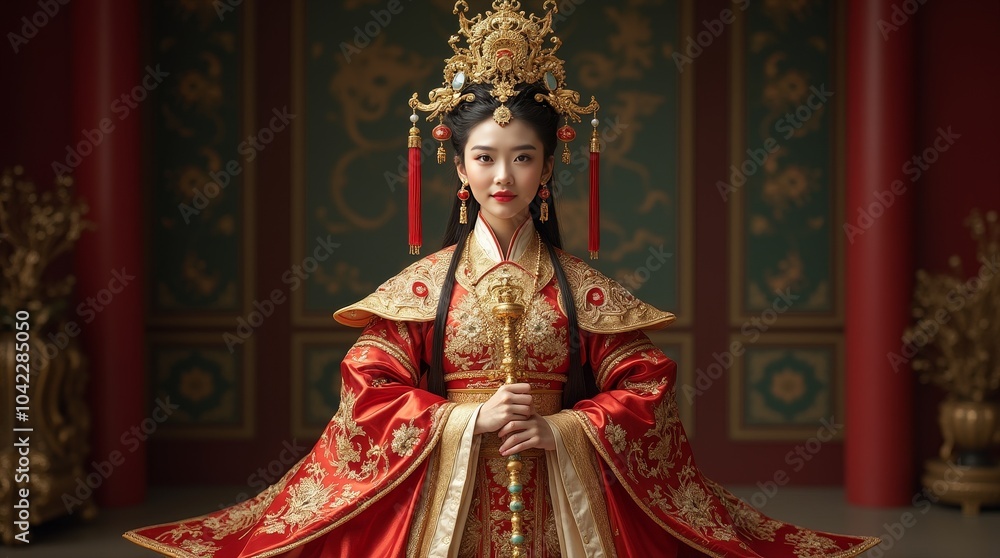 Elegant woman in traditional red attire holding a royal staff poses against a neutral background, showcasing intricate cultural details Elegant woman in traditional red attire holding a royal staff poses against a neutral background, showcasing intricate cultural details