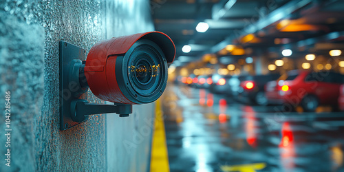 A red security camera is mounted on a wall in a parking garage. The camera is facing the street, capturing the cars and the lights from the parking garage. Concept of security and surveillance