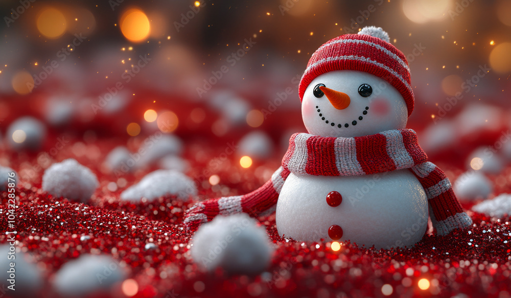 A snowman with a red scarf and hat is sitting on a red and white background. The snowman is smiling, giving the impression of a happy and cheerful scene A snowman with a red scarf and hat is sitting on a red and white background. The snowman is smiling, giving the impression of a happy and cheerful scene