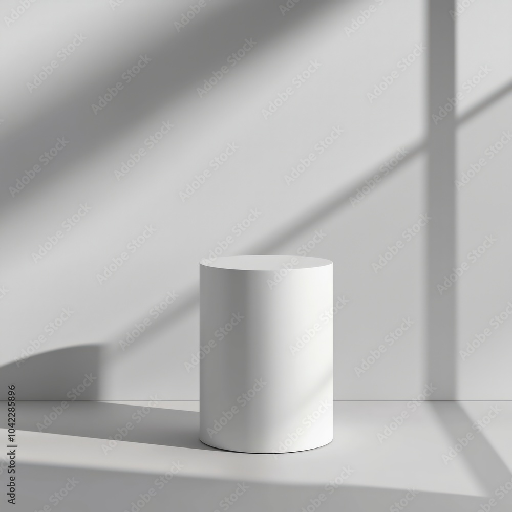 Empty stone pedestal on white backdrop, scene with copy space for your products presentation. Empty modern minimal concept mock up for cosmetic, skin care and other products advertising. Empty stone pedestal on white backdrop, scene with copy space for your products presentation. Empty modern minimal concept mock up for cosmetic, skin care and other products advertising.