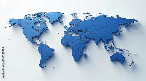 A three-dimensional representation of a blue world map showcases the continents and countries in intricate detail.