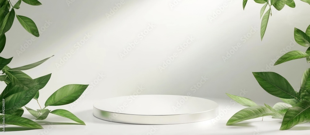 Minimalist product display with a round podium and leafy branches on a white background. Minimalist product display with a round podium and leafy branches on a white background.