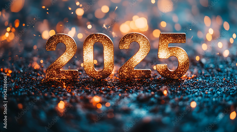 Happy New Year 2025. Golden number on glitter background with bokeh. Happy New Year 2025. Golden number on glitter background with bokeh.